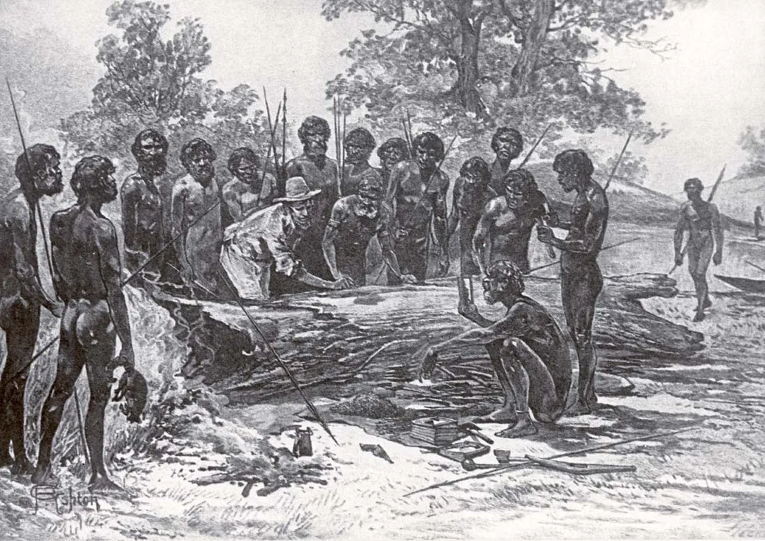 An artist's impression of Batman's treaty with Port Philip, Australia aborigines in 1835 for the purchase of 600,000 acres of land.