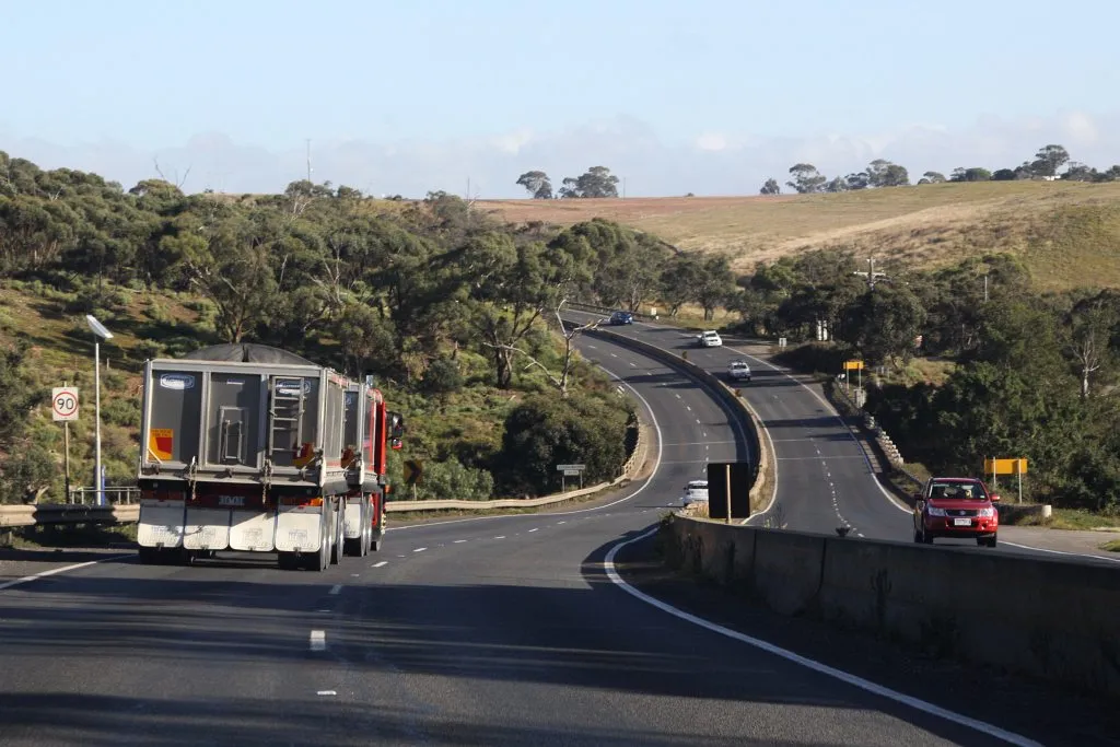 The 2nd alignment over Djerriwarrh Creek in the Anthony's Cutting stretch of the Western Highway. Victoria, Australia. The original route was a stone bridge hidden to the right, the current route is a new freeway standard route to the left.