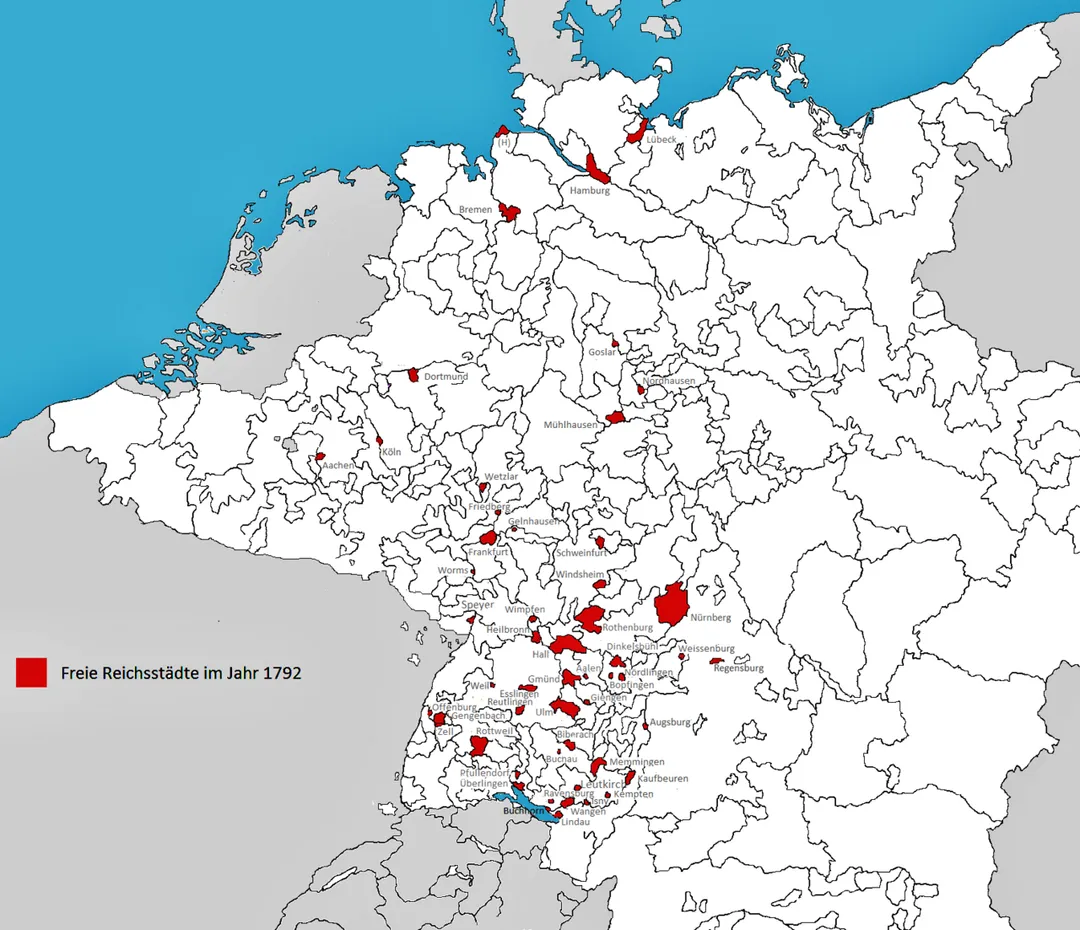 The Free Imperial Cities of the Holy Roman Empire in 1792. The map shows the 50 cities that took part in the assembly of the Imperial Diet that year, plus Buchau and Gelnhausen. 
Not shown are the many enclaves and exclaves, with the exception of Cuxhaven, the distant exclave of Hamburg located at the mouth of the Elbe River.