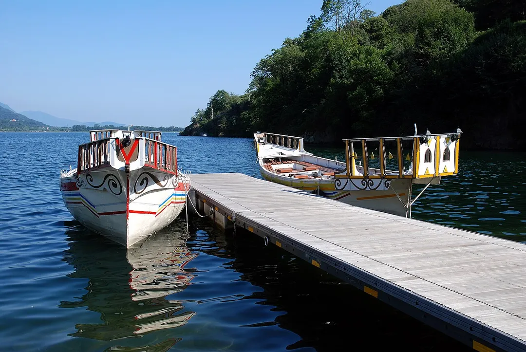 Mergozzo at the Lago di Mergozzo, rowing boats, (motorboats forbidden). Piedmont, Italy.
