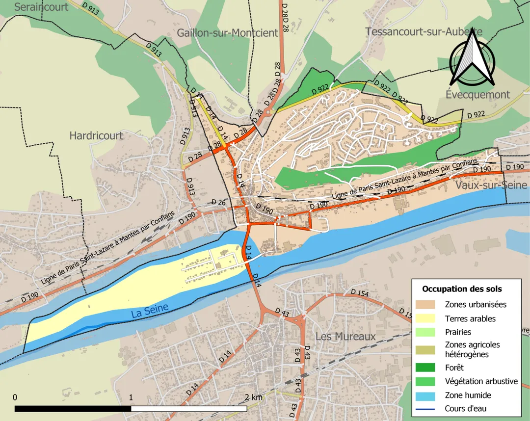 Carte des infrastructures et de l’occupation des sols en 2018 de la commune de fr:Meulan-en-Yvelines (France).