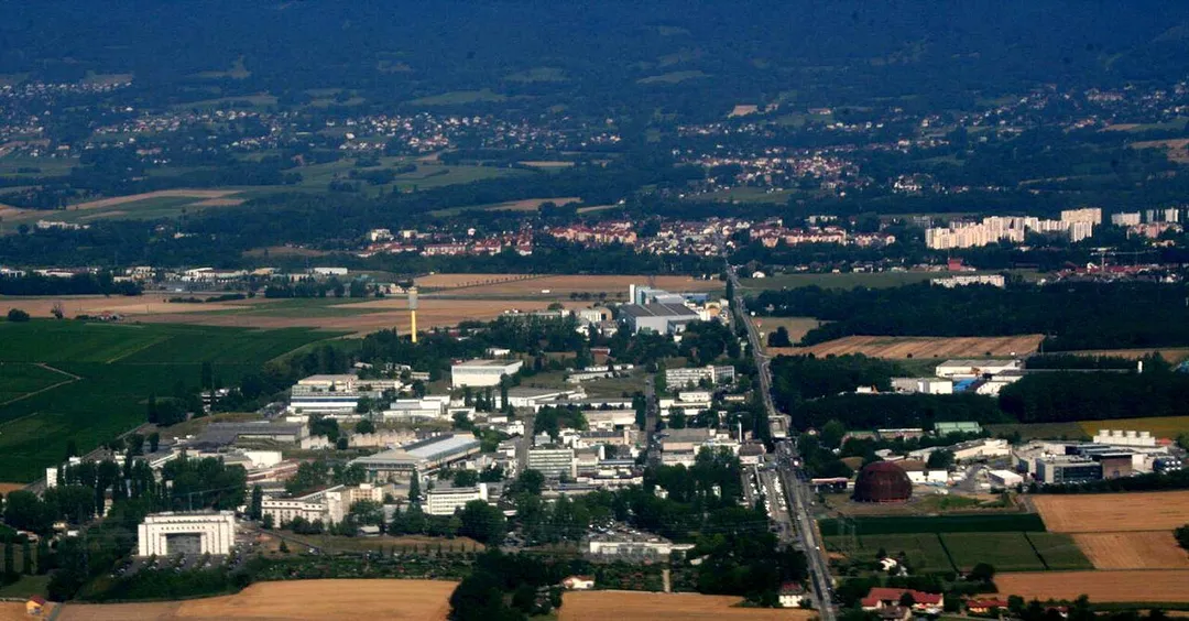 An aerial view of the main site of CERN, at the border between Switzerland and France near Geneva, looking towards the Jura mountains in France.
