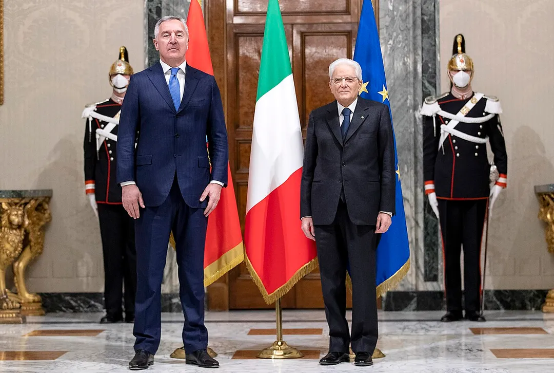The President of Italy Sergio Mattarella with the President of Montenegro Milo Ðukanovic during his visit to the Quirinale Palace.