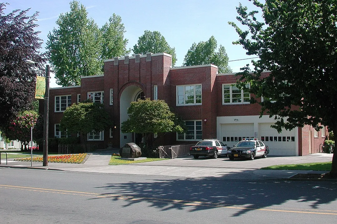 City Hall in Milwaukie, Oregon, United States. Photo taken from the west side of Main Street, looking east.