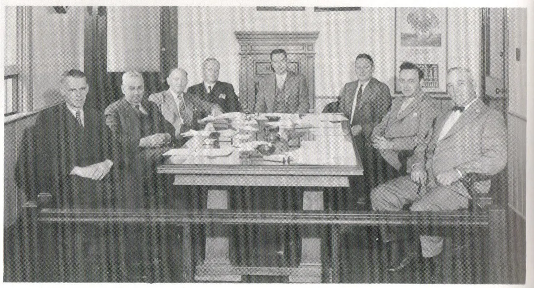 Photo of Mimico Town Council in 1943, led by Mayor Amos Waites, in the Mimico Town Hall on Royal York Rd across from Drummond Street.