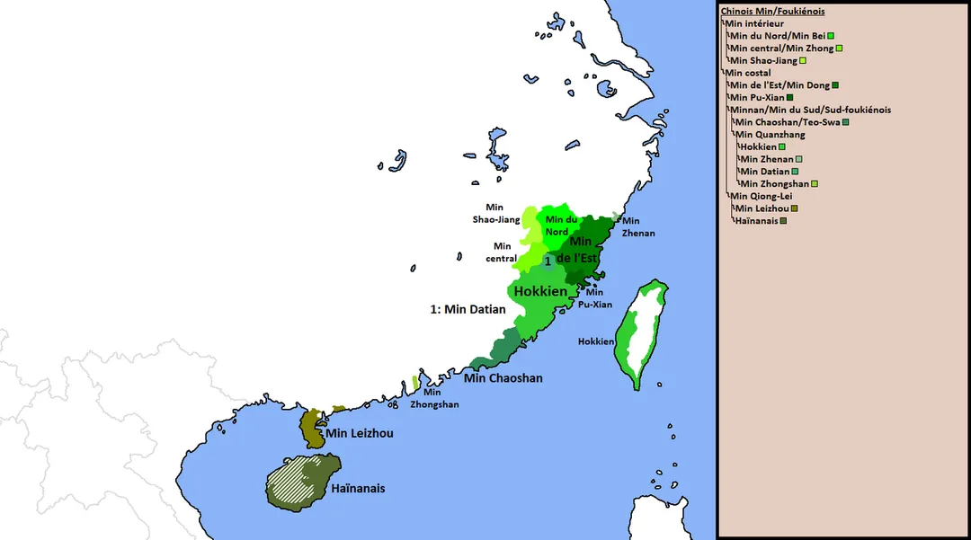 Sources des informations: Wikipédia (cf. 1e, 2e et 3e lien)
Sources :
https://fr.wikipedia.org/wiki/Min_(langue)
https://fr.wikipedia.org/wiki/Minnan

https://en.wikipedia.org/wiki/Min_Chinese