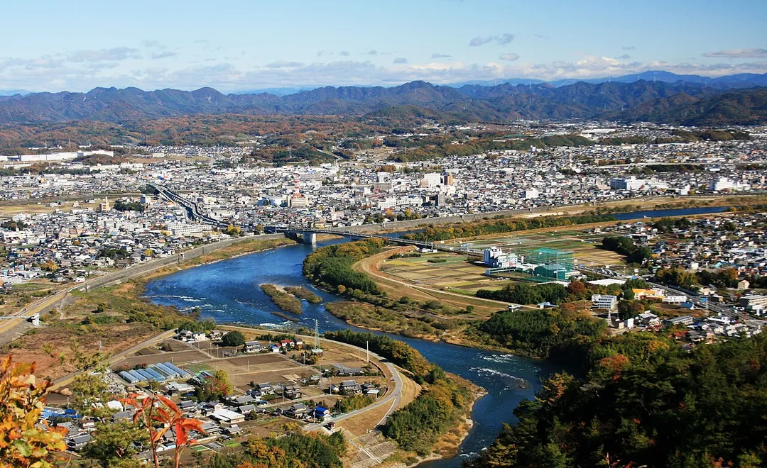Minokamo, Gifu and Kiso River from Mount Hatobuki