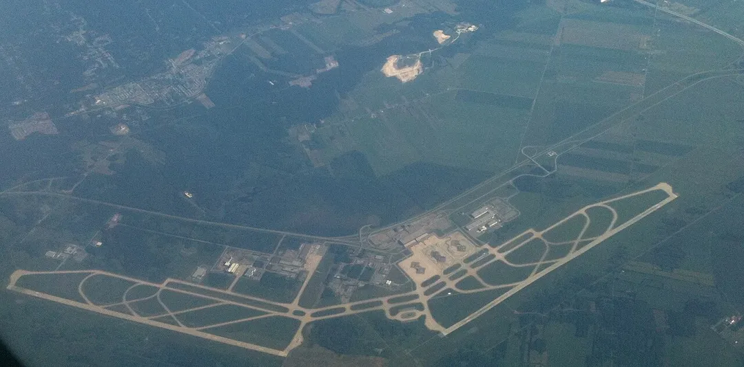 An aerial photograph from a Porter Air Flight of the Montréal Mirabel International Airport.