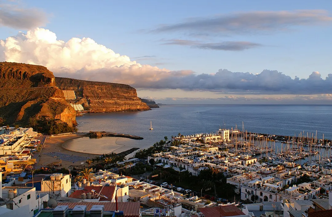 Puerto de Mogan, Gran Canaria, (Canary Islands, Spain) View from viewing platform at sunset.