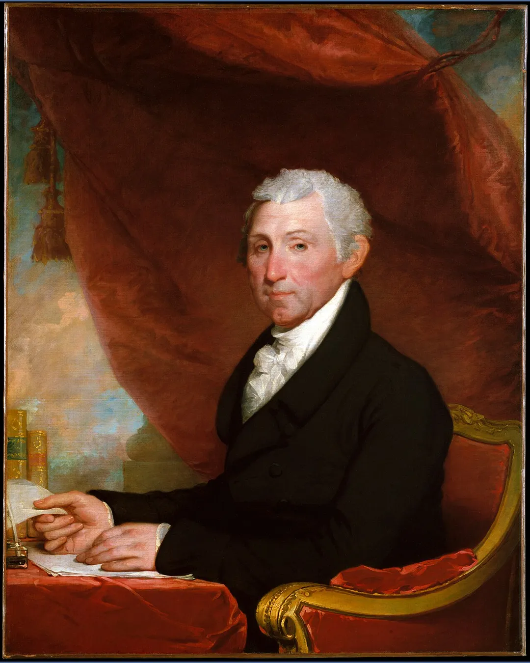 Painter - Gilbert Stuart (American, 1755–1828)
Oil on canvas; 40 1/4 x 32 in. (102.2 x 81.3 cm)
Bequest of Seth Low, 1916 (29.89)
James Monroe, ca. 1820–22.
"This portrait originally belonged to a set of half-length portraits of the first five U.S. presidents that was commissioned from Stuart by John Doggett, a Boston framemaker and art dealer." (Metropolitan Museum of Art, NY. https://www.metmuseum.org/toah/hd/bwst/ho_29.89.htm)
The image was transferred from en.wiki, see en:Image:GSJamesMonroe.jpg under the {{PD-old-100}} license tag. 

Wars 22:33, 16 March 2006 (UTC)