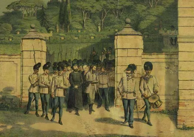 "Ugo Bassi condotto al patibolo", ridotto e ritoccato, litografia