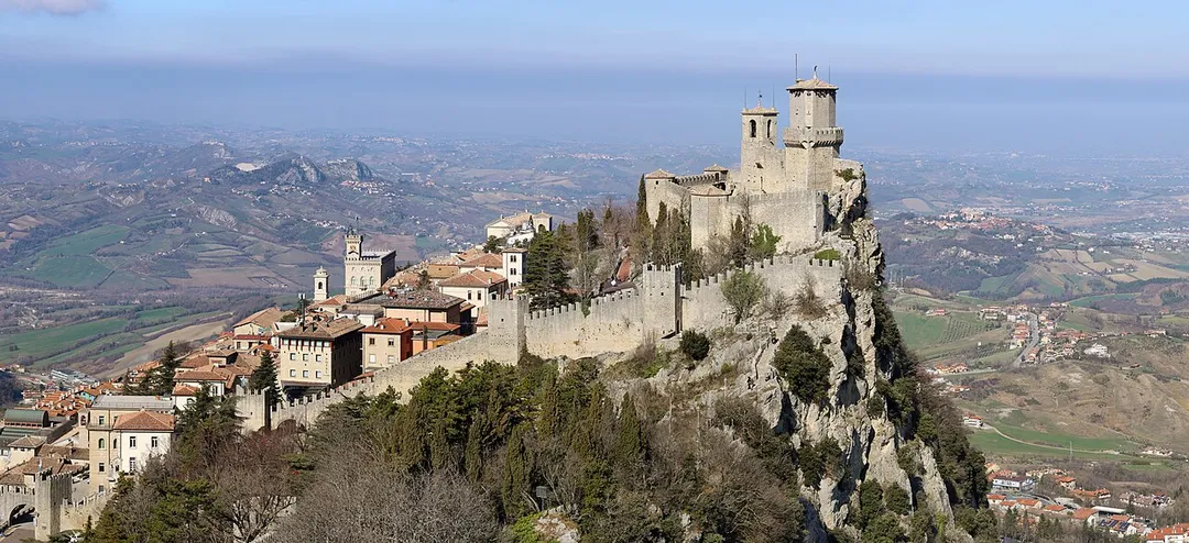The Guaita fortress is situated on the top of the Città di San Marino, viewed from the Cesta tower, Central Italy. UNESCO World Heritage Site.