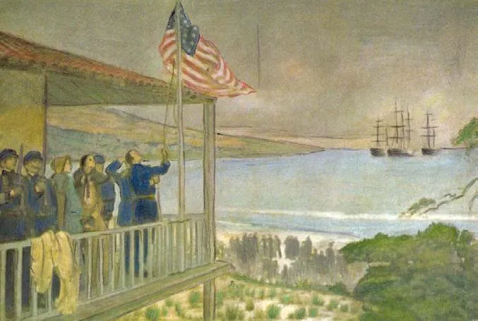Officers of Commodore John D. Sloat raising the American flag on July 7, 1846 in Monterey, California.