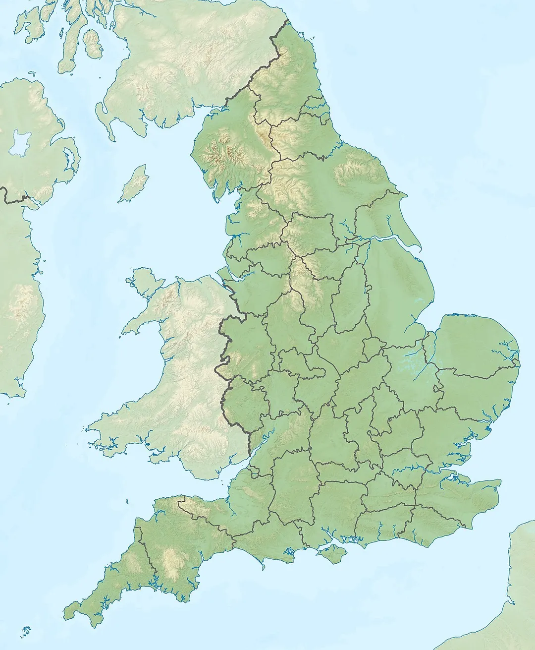 Relief map of England, UK.
Equirectangular map projection on WGS 84 datum, with N/S stretched 170%
Geographic limits:

West: 6.75W
East: 2.0E
North: 56.0N
South: 49.75N