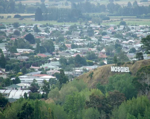 Mosgiel, New Zealand, with its imitation Hollywood-style sign