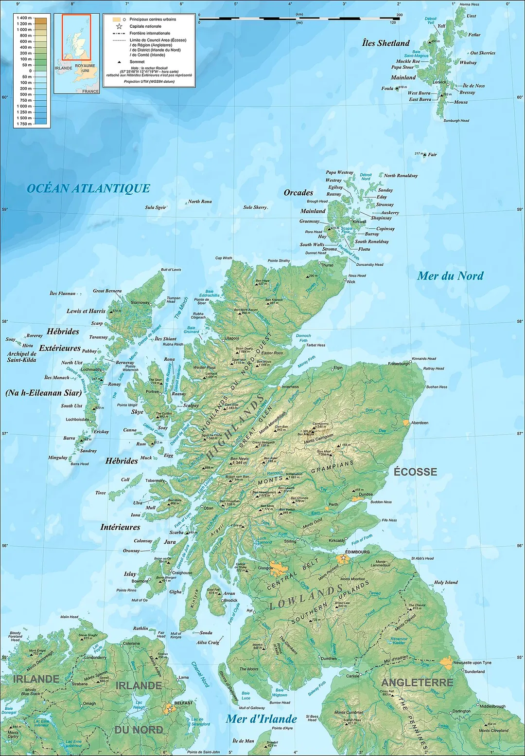 Topographic map in French of Scotland
This is a lighter raster JPG format version of Image:Scotland_topographic_map-fr.svg which should be used in the article pages, the vector graphics version purpose being for modification and / or translation.