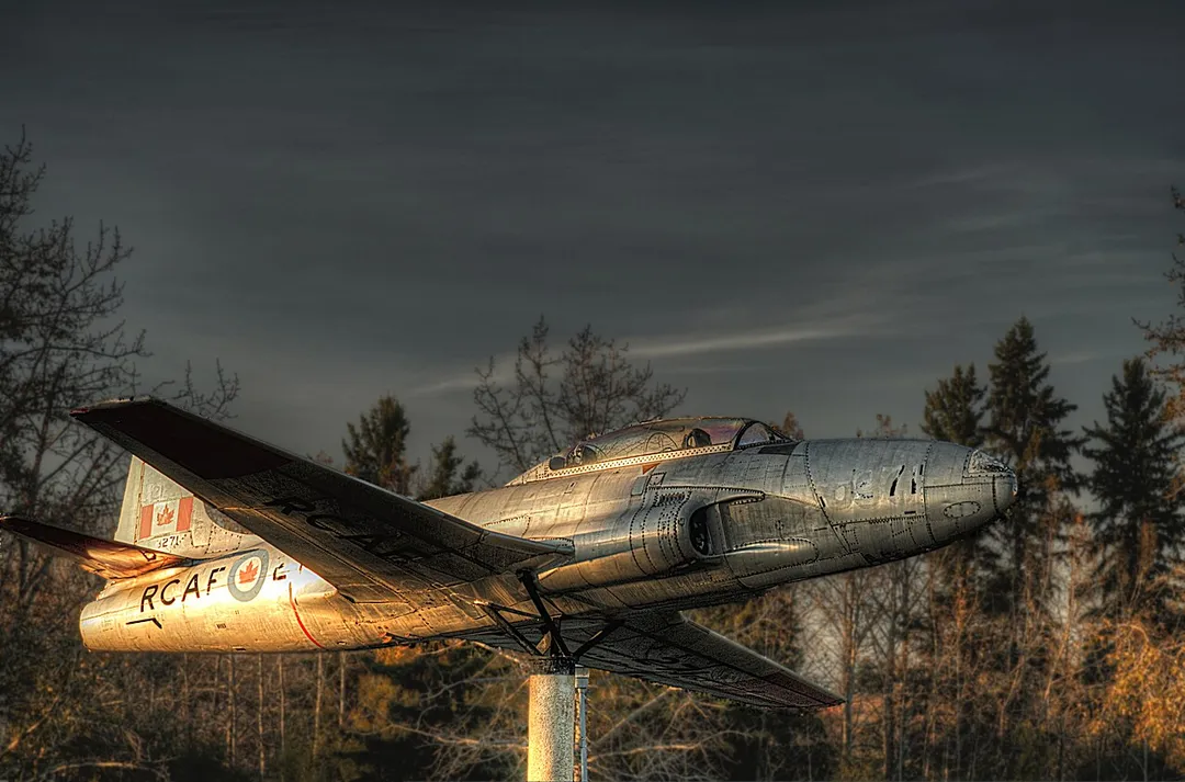 An RCAF Canadair CT-133 Silver Star mounted for display by Millenium Park in St. Albert, Alberta, Canada.