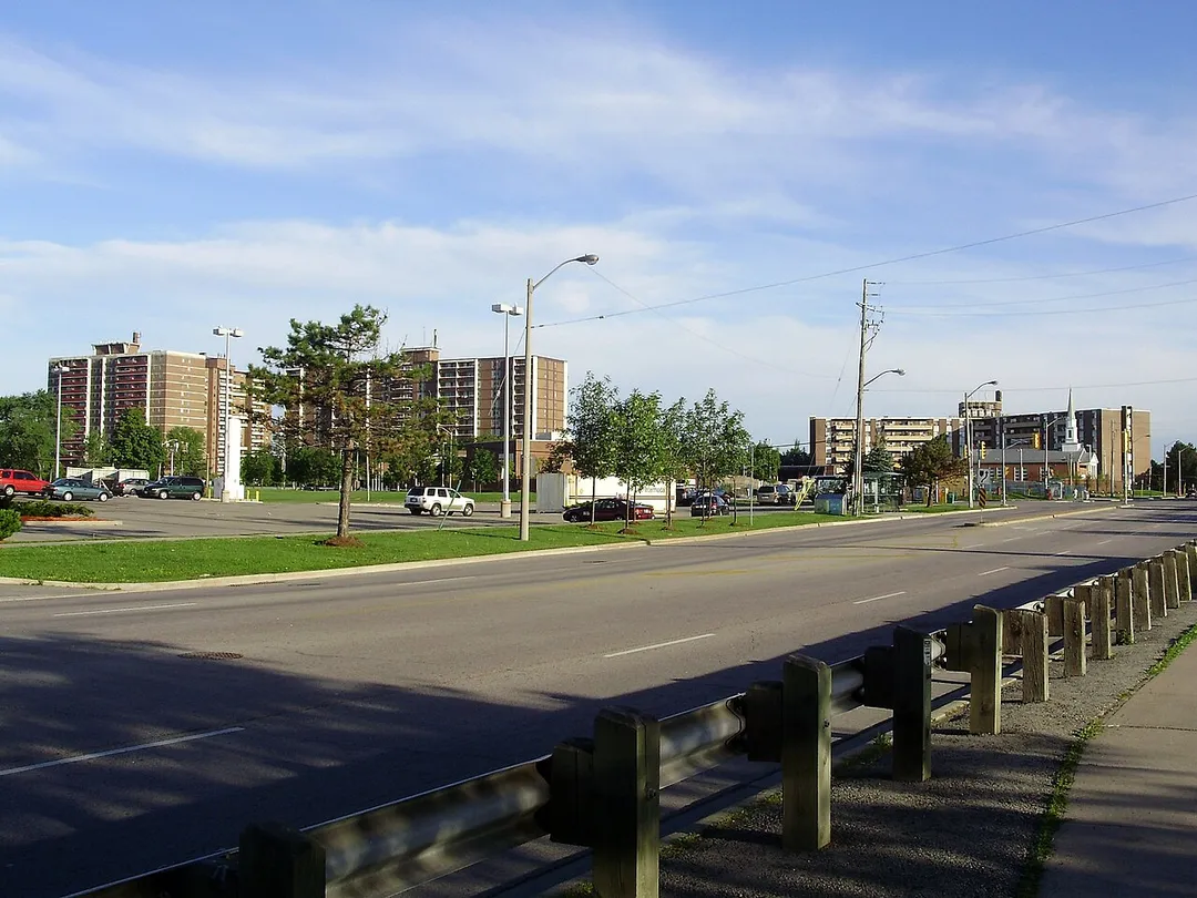 Apartment buildings rise in the neighbourhood of Mount Olive-Silverstone-Jamestown in Toronto, Ontario, Canada, photographed from Kipling Avenue just south of Finch Avenue West.