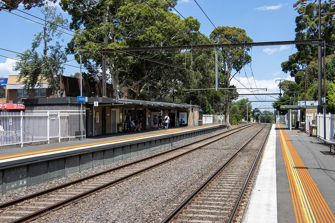 Westbound view of Mount Waverley station from Platform 2. January 2023.