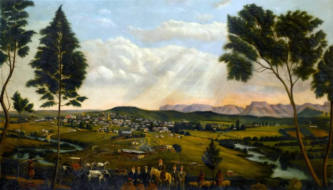 Panoramic view of Umtata and the Drakensberg mountains, Eastern Province, South Africa, oil on canvas, 42.1 x 72 in. / 107 x 183 cm.