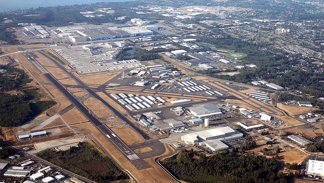 An aerial view of Everett's Paine Field, Everett, Washington, looking to the northeast.