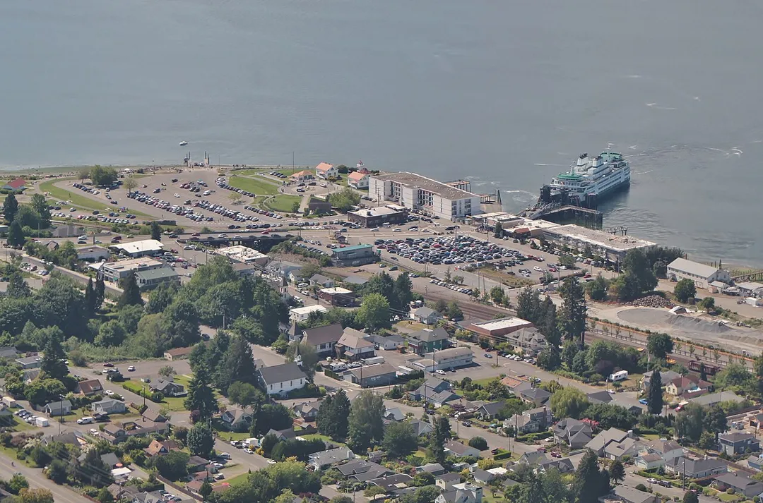 Aerial view of Mukilteo, Washington in 2019, featuring the now-demolished ferry terminal and Lighthouse Park.