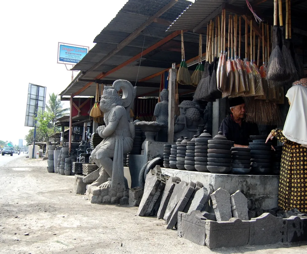 Stone artshop at roadside of Muntilan, Magelang, Central Java.