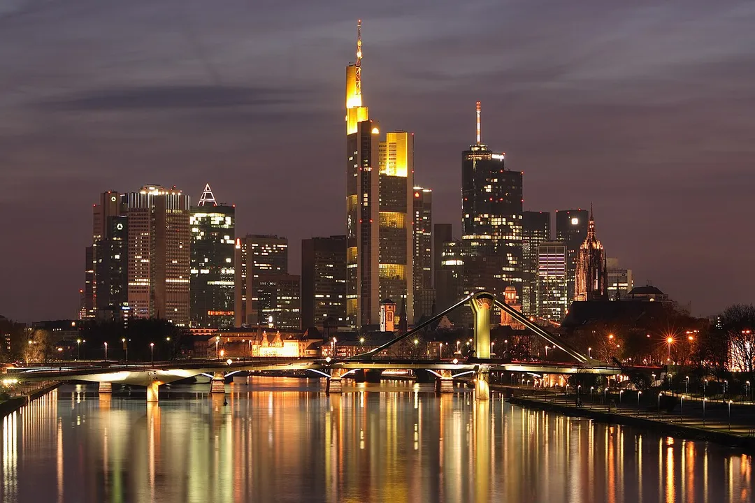 Downtown Frankfurt am Main, Germany; seen from Deutschherrn Bridge.