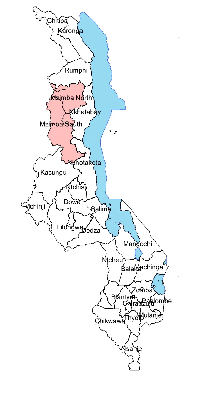 Malawi Map showing Mzimba North and South
