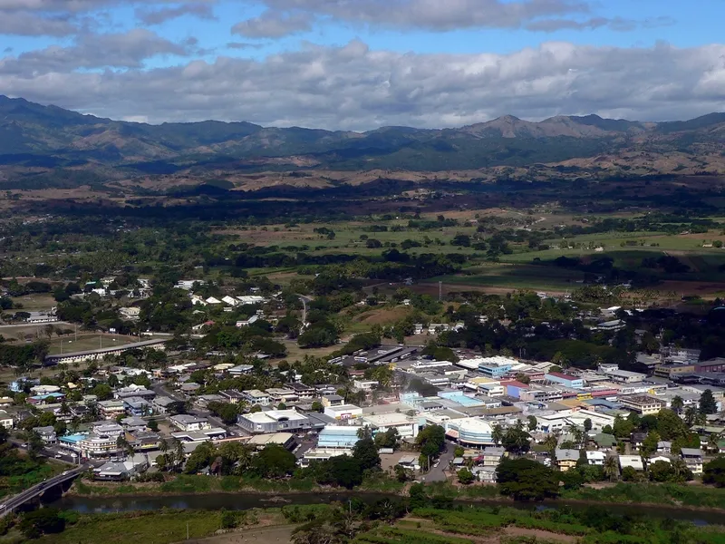 Aerial view of Nadi, Fiji, while approaching Nadi International Airport.
