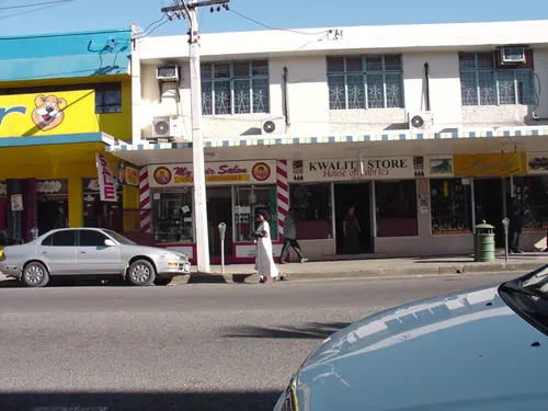 This one's for Phil Schwan, really.  I didn't go in.  This is the main streetscape in Nadi (pronounced Nandi), the most touristy and hence unpleasant of Fiji's towns.  But around Nadi there are many good people and interesting developments.  Photo by Masato Ikeda.