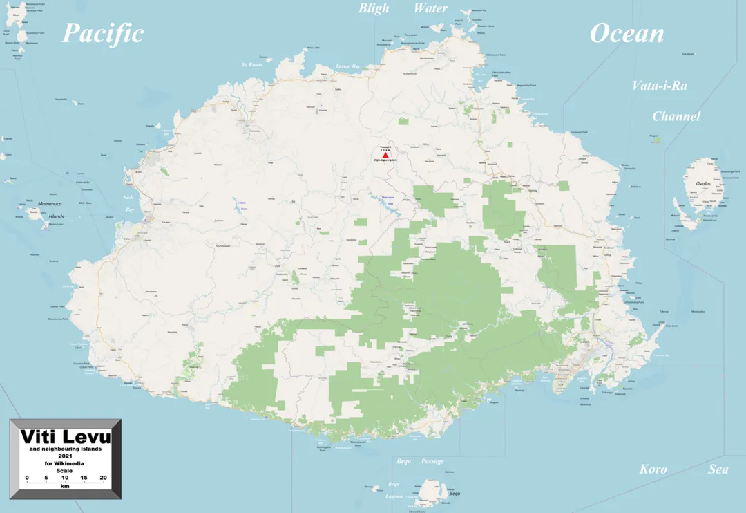 This map of Viti Levu shows the island's towns, villages and some other geographical details, and is likely the most comprehensive map of the island in this respect that you'll find anywhere online. It has been stitched together from panels of Open Street Map (which is freely licensed to all) with details plotted by the uploader.