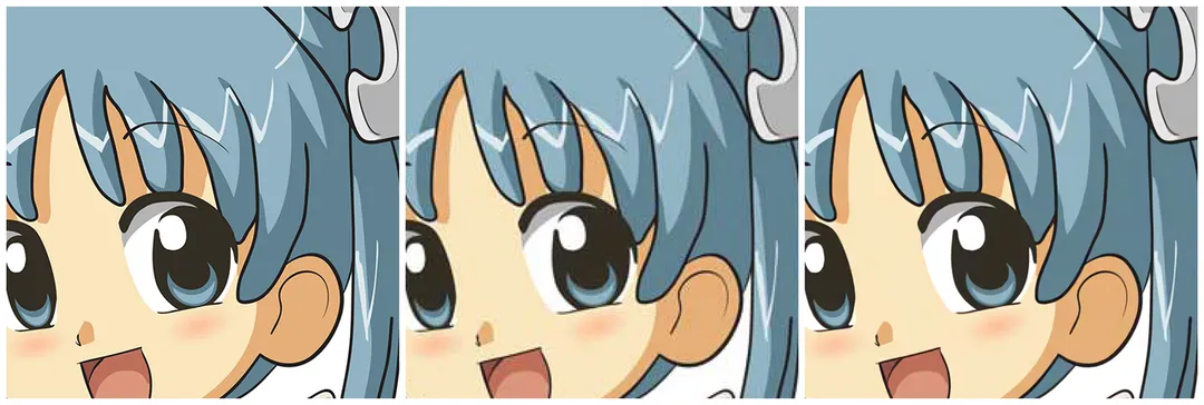 *Left: 512×512px, PNG lossless, original source File:Wikipe-tan face.svg
Middle: 256×256px, JPG quality 30%, then nearest-neighbor interpolation
Right: 512×512px, waifu2x upscaling & noise reduction