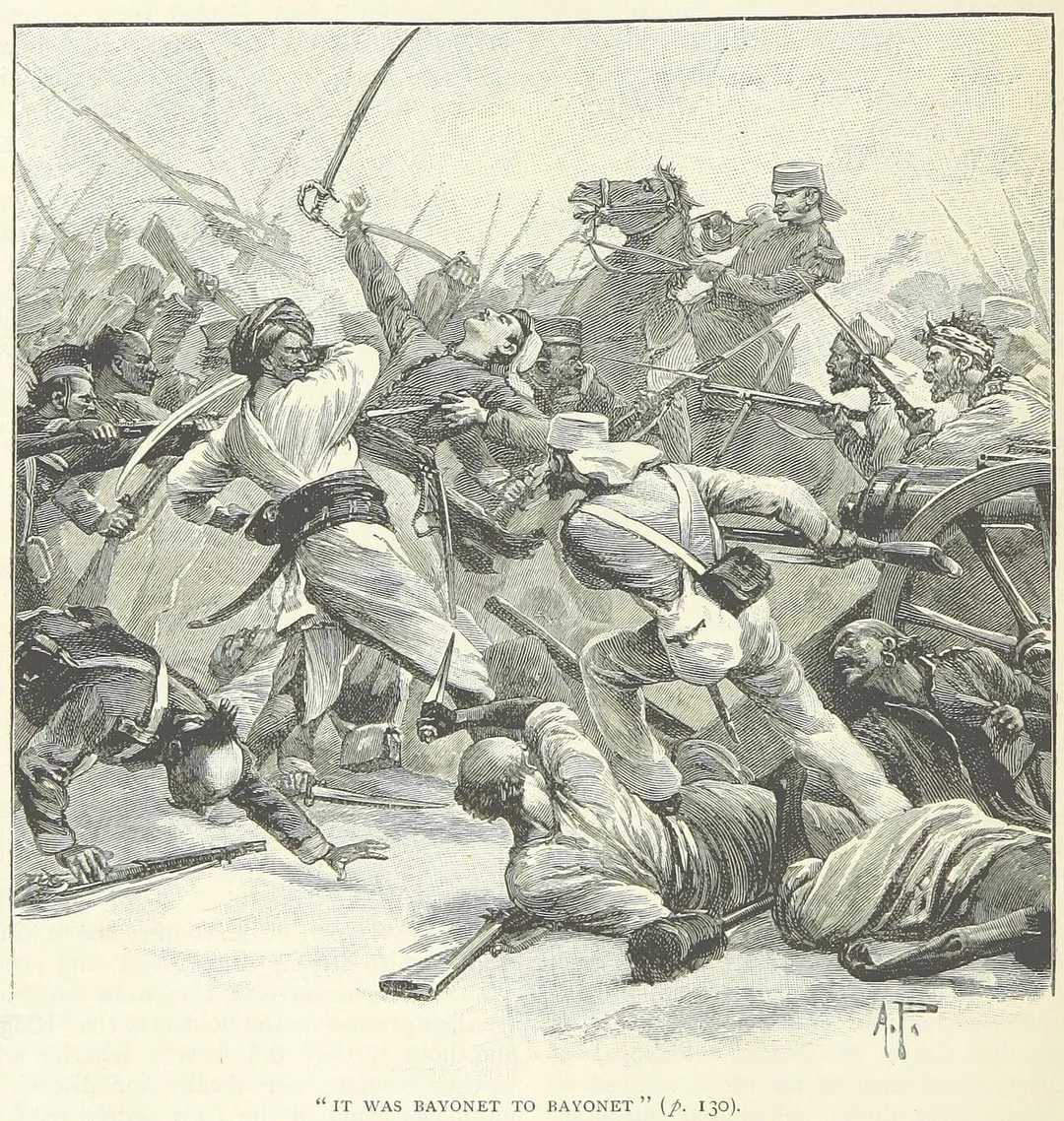 English troops clash with Seepoy Mutineers at the 1857 Battle of Najafgarh.