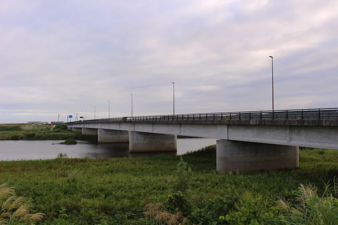 Ukedo Bridge on the Fukushima Prefectural Roads 254 and 391 over the Ukedo River in Namie Town, Fukushima Prefecture, Japan