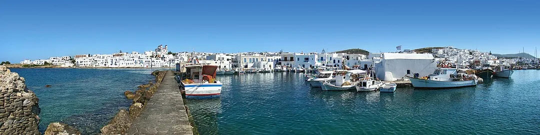 Naousa, Paros, Greece. Panoramic view from the small pier.