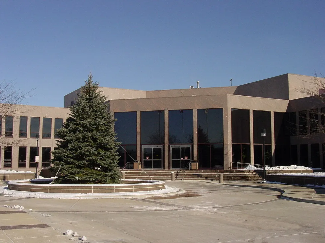 Entrance of City Hall, 400 South Eagle Street, Naperville, Illinois, USA.