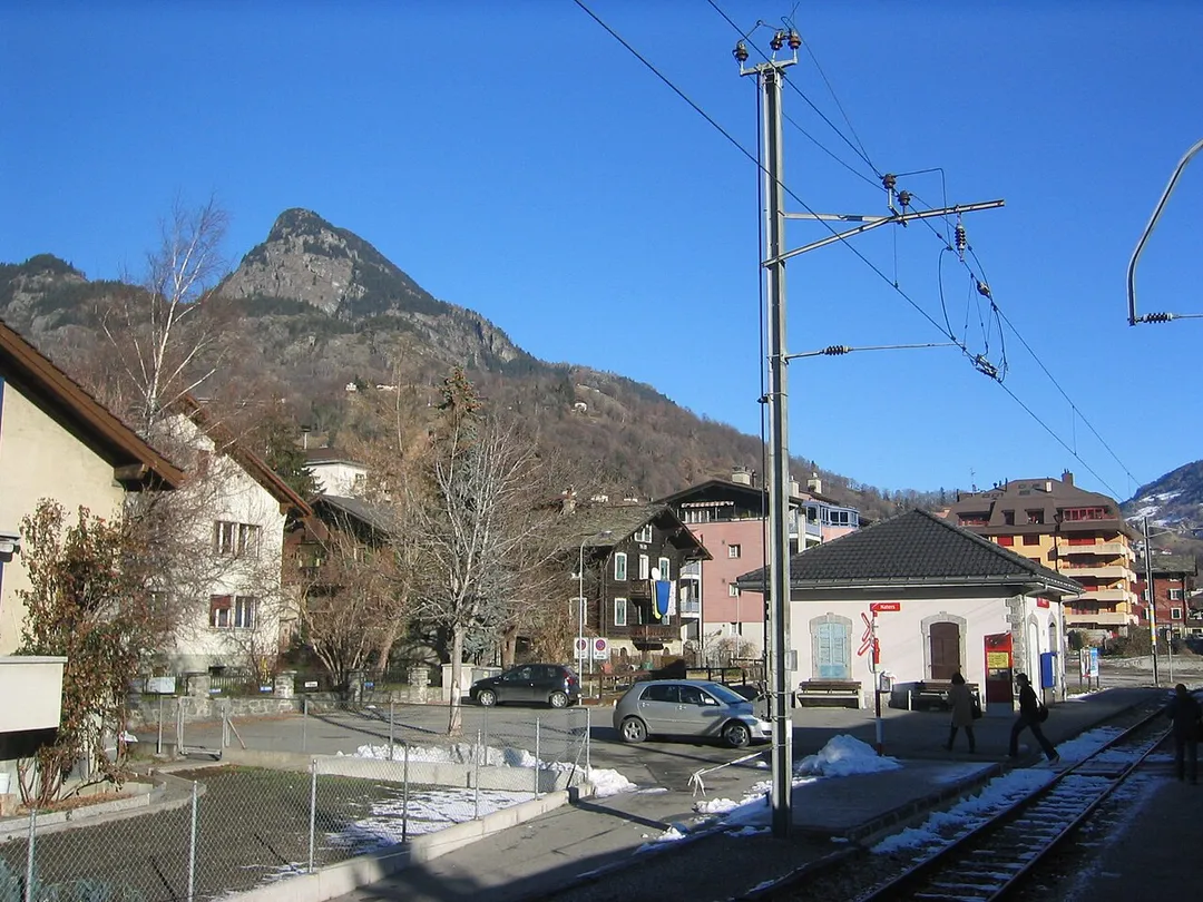 Naters, Valais, Switzerland: The station of Matterhorn-Gotthard-Bahn, with the Riederhorn in the background. The line through this station was closed in December 2007, with MGB trains using a new route through Brig that avoids reversal and level crossings. The line is now a cycle and pedestrian route, and the station has become a cafe.