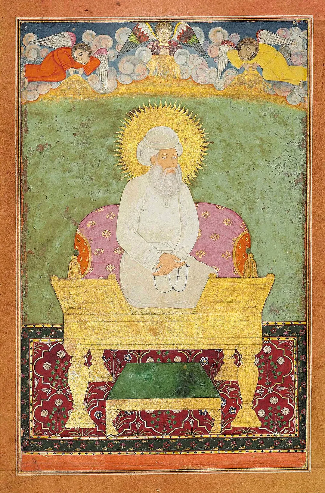 SHAYKH 'ABD AL-QADIR JALANI, MUGHAL INDIA, CIRCA 1680
Opaque pigments heightened with gold on paper, the nimbate shaykh depicted seated on a large throne on an elegant floral carpet, cherubs look on from the sky above, the reverse with identification inscription, mounted

Painting 8 1/8 x 5 ¼in. (19.9 x 13.2cm.); folio 11 ¾ x 7 ½in. (29.5 x 19cm.).