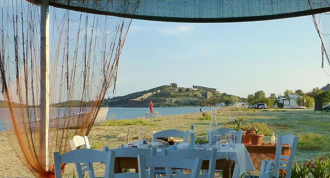 castle and beach of Nea Peramos, Kavala, Greece