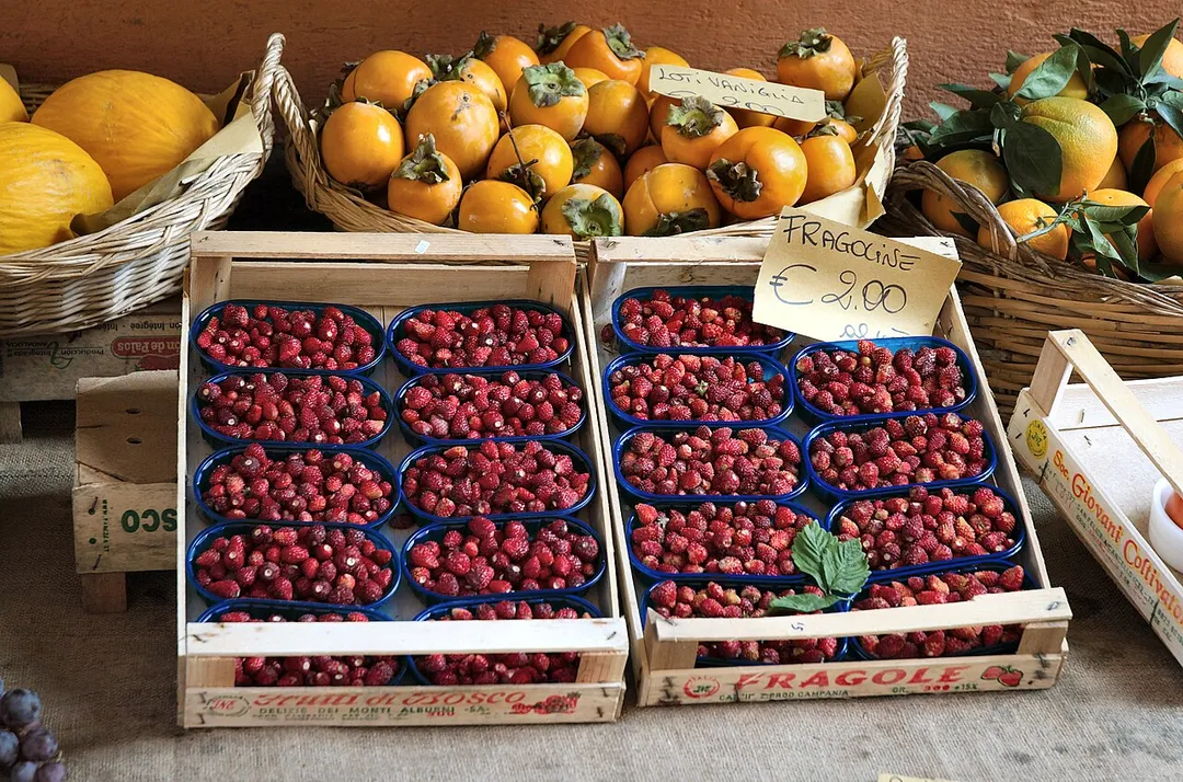 small strawberries, or fragolini, being sold in Nemi