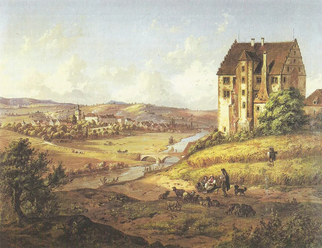 „Neuenstadt von Nordosten mit Schloß Bürg im Vordergrund“