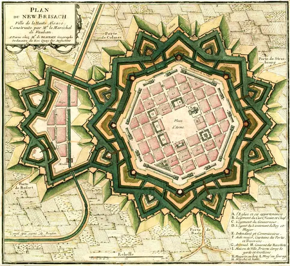 Plan de la ville de Neuf Brisach, construite sur ordre de Louis XIV après la perte de Vieux Brisach sur le Rhin