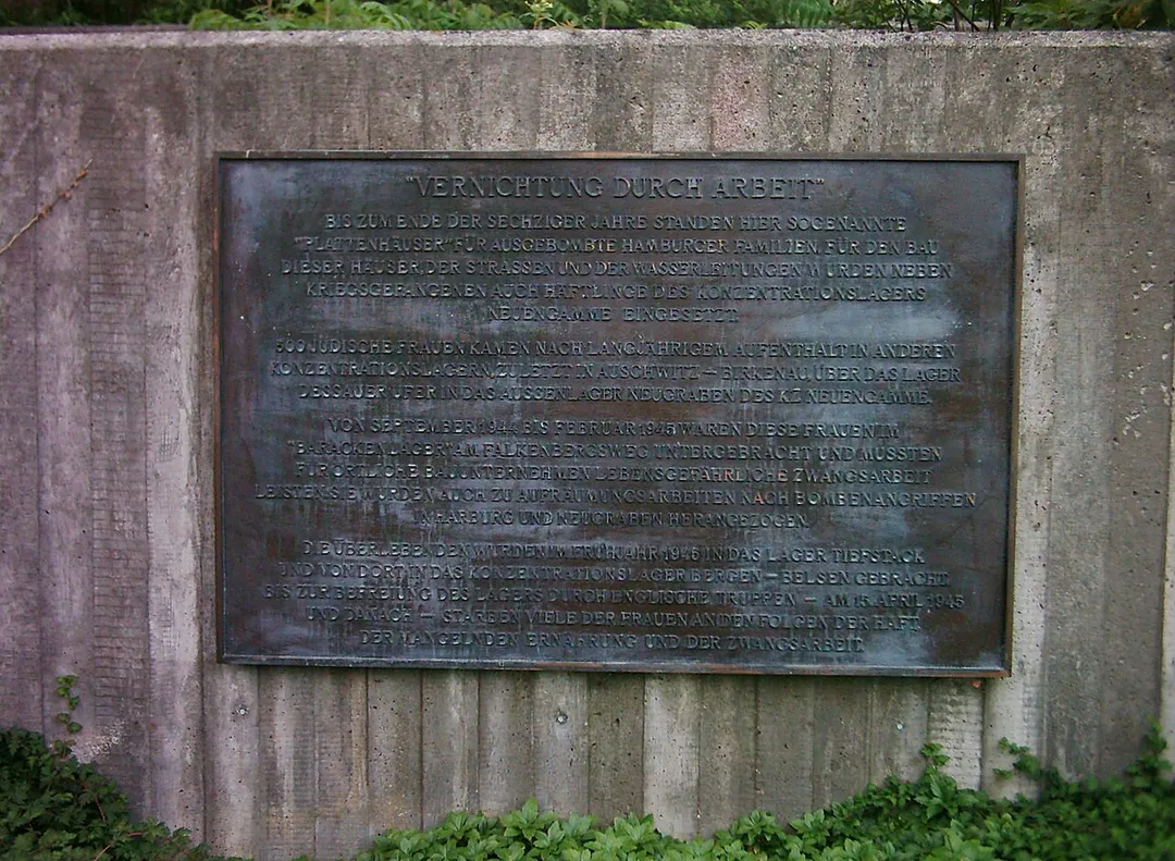 Memorial plaque: Destruction through work. It commemorates the victims of World War II who were forced to work and died in Hamburg concentration camps. The plaque is located nerby Süderelbe local authority in Hamburg-Neugraben-Fischbek