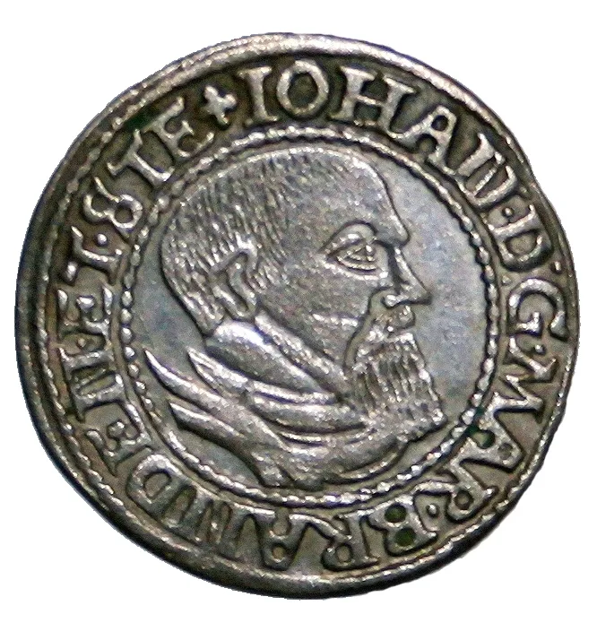 Averse of Johann von Brandenburg-Küstrin White Groschen, 1545
Silver, weight 1.8 g, diameter 23 mm, Krosno Odrzańskie (Crossen)
Text: IOHAN DG MAR BRANDEN ET STE