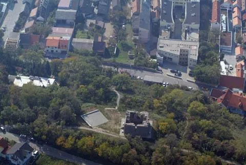 Aerial photography of Tabor ruin, a watchtower probably from 16th century. Neusiedl am See, Austria.