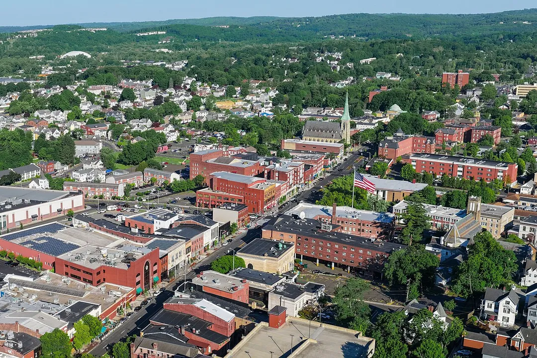 Aerial view of downtown Danbury, Connecticut, a city of 86,518 residents once known as “Hat City” for its hatmaking industry and today serving as a regional center for healthcare, education, retail and manufacturing.