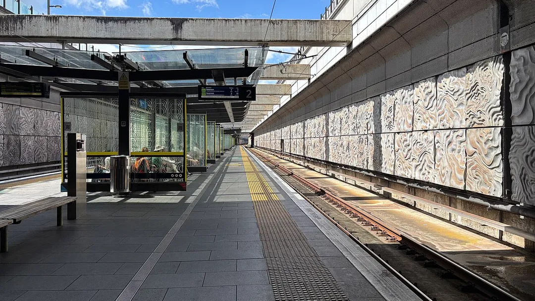 Platform 2 at New Lynn Station, Auckland, photographed on 1 March 2026