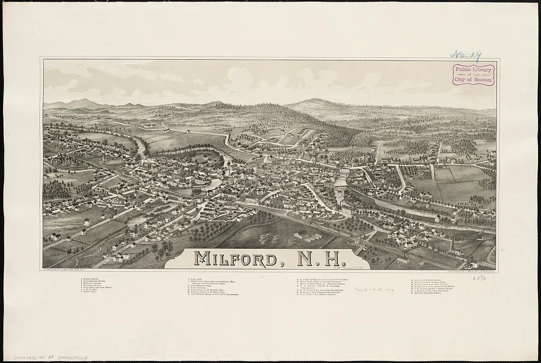 Zoom into this map at maps.bpl.org.
Author: Burleigh, L. R.
Publisher: L.R. Burleigh
Date: c1886.
Location: Milford (N.H.)
Scale: Not drawn to scale.

Call Number: G3744.M5A3 1886.B8