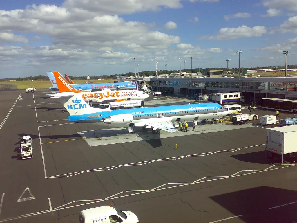 KLM, Easyjet and Thomsonfly aircraft at Newcastle Airport.  Taken on the 6th of August 2007.